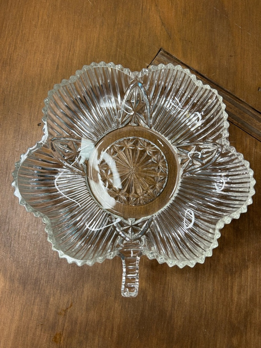 Federal Glass Shamrock Shaped Candy Nut Dish 6" Four-Leaf Clover Vintage Clear